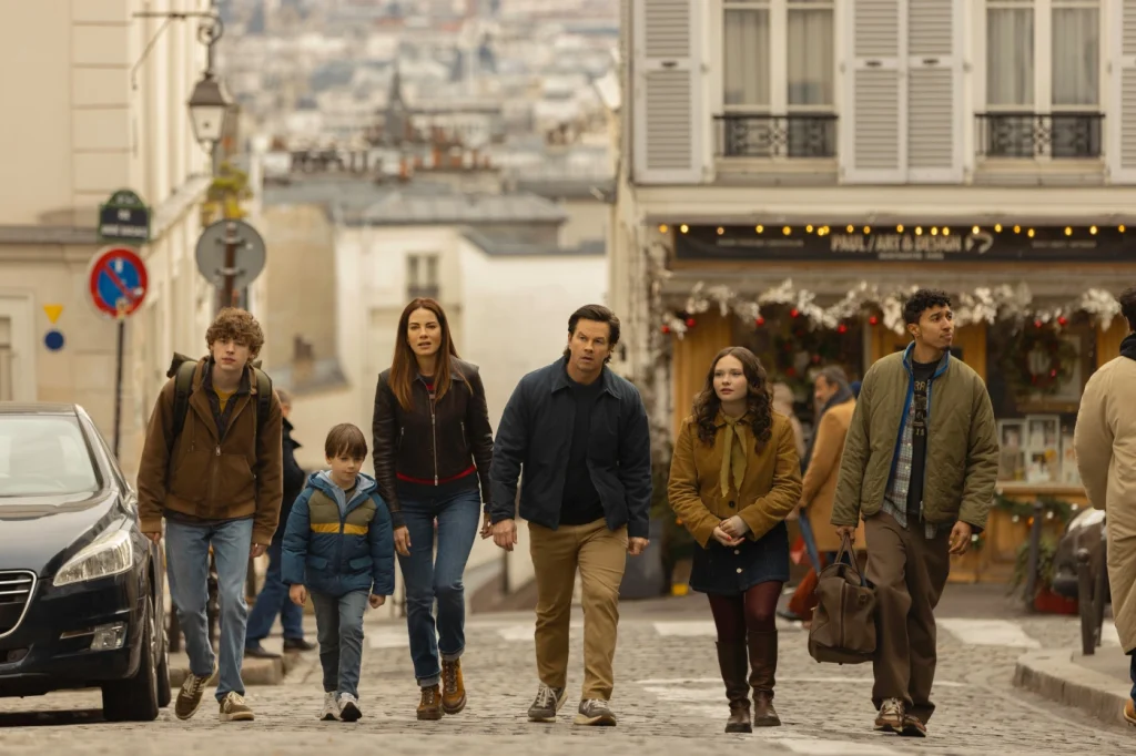 Mark Wahlberg, Michelle Monaghan, Zoe Colletti, Van Crosby, Reda Elazouar, Peter Lindsey, and Theodore Lindsey in The Family Plan 2 (2025)