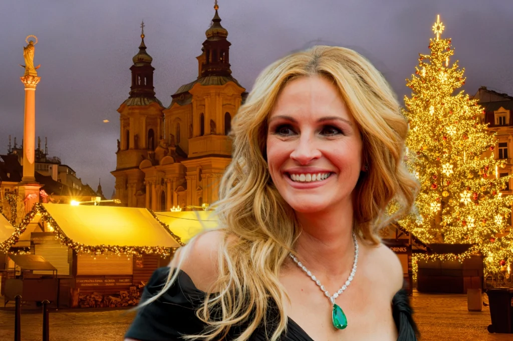 Julia Roberts at Cannes in 2016, Prague Christmas Market courtesy Depositphotos.com / Montage by Prague Reporter