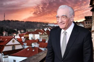 Martin Scorsese at a press event for Killers of the Flower Moon in 2023 / Prague's February skyline courtesy DepositPhotos.com. Montage: The Prague Reporter
