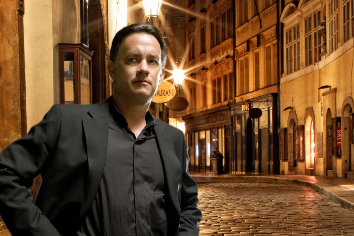 Tom Hanks as Robert Langdon in Inferno (2016) / Prague's night streets courtesy Depositphotos.com. Montage: The Prague Reporter