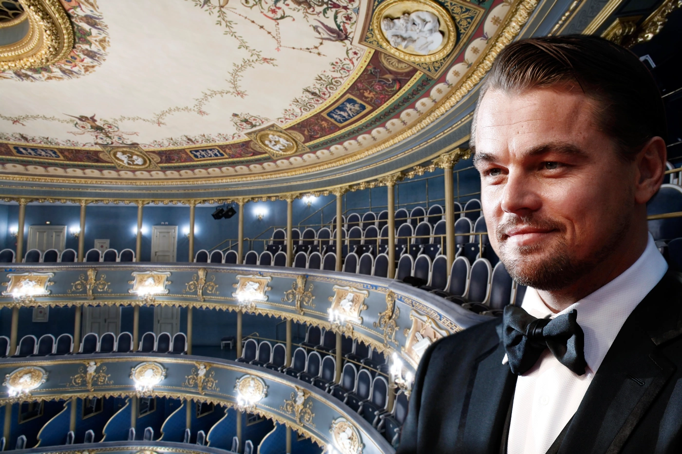 Leonardo DiCaprio in Cannes, 2013 courtesy DepositPhotos.com; Interior of Prague's Estates Theatre courtesy Wikimedia / © Jorge Royan. Montage: The Prague Reporter