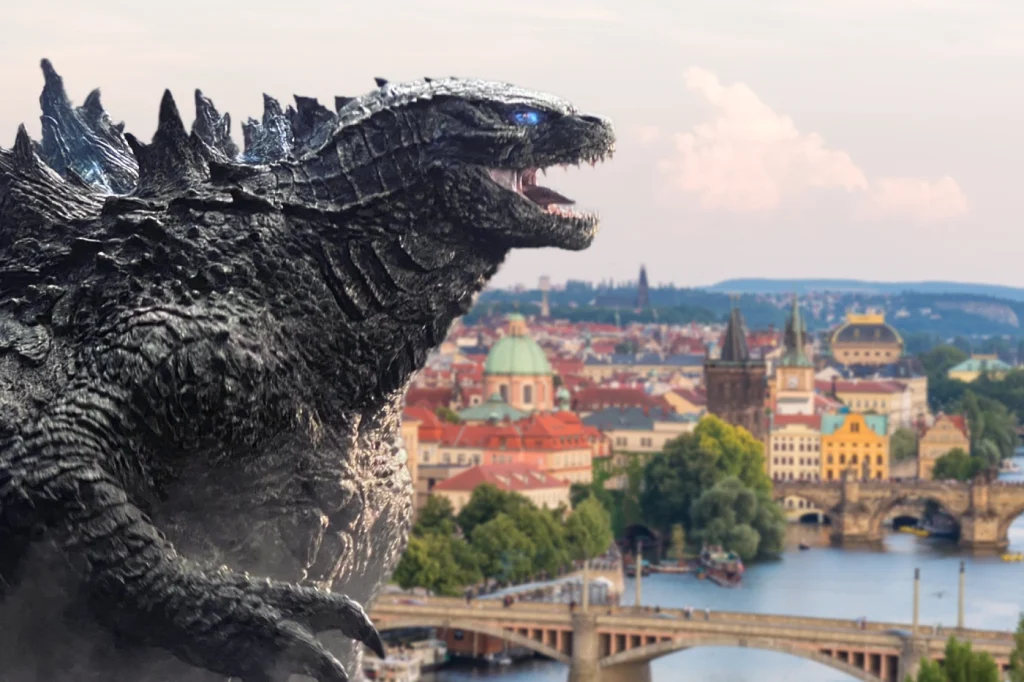 Godzilla in Monarch: Legacy of Monsters / Prague skyline courtesy DepositPhotos.com. Montage: The Prague Reporter