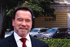 Arnold Schwarzenegger at a 2023 event for FUBAR, Prague's Žofín Palace courtesy DepositPhotos.com