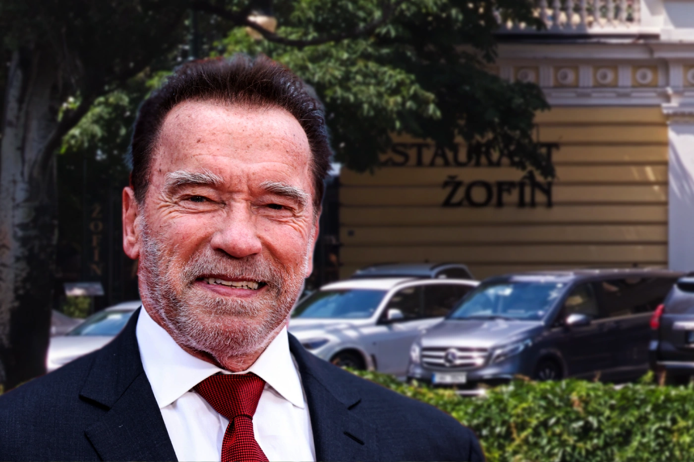 Arnold Schwarzenegger at a 2023 event for FUBAR, Prague's Žofín Palace courtesy DepositPhotos.com