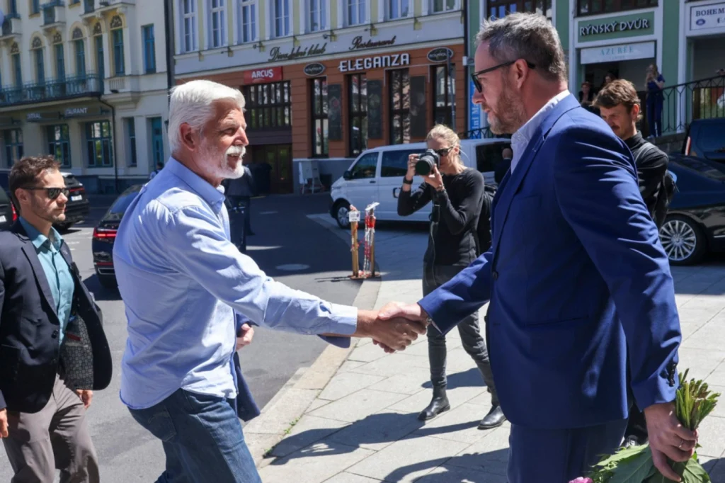 Petr Pavel greets Kryštof Mucha in Karlovy Vary on July 9, 2026. Photo © Karlovy Vary International Film Festival
