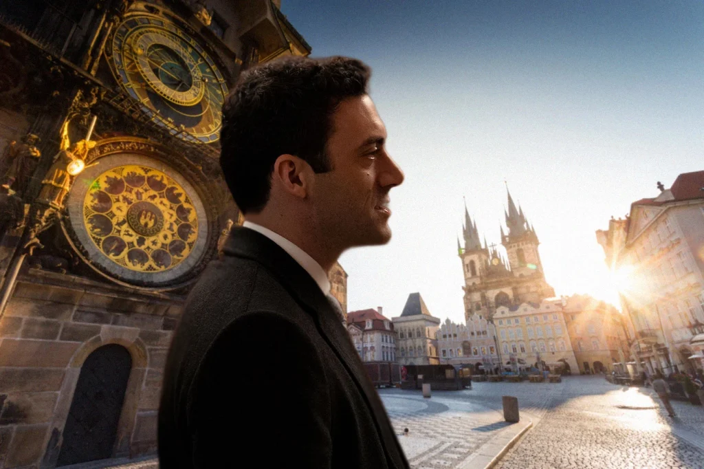 Morgan Spector in Pearson (2019) / Prague's Old Town Square courtesy DepositPhotos.com. Montage: The Prague Reporter
